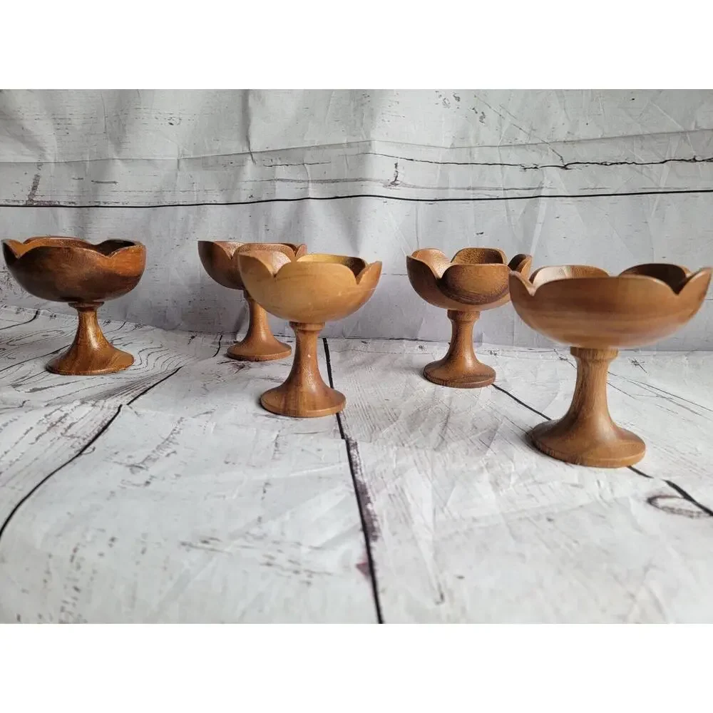 Set Of 5 Vintage Teakwood Pedestal Dessert Servers cups Boho Style Tropic Summer